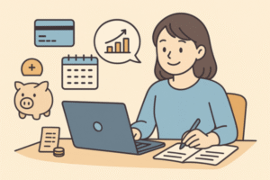 就活前に身につけたいお金のスキルを学ぶ若い人のイラスト