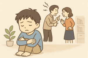 夫婦げんかに悩む子どもの心をケアする家族のイラスト
