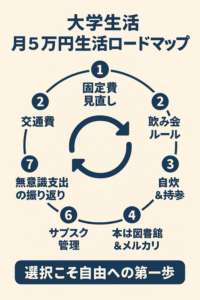 大学生活を月5万円でやりくりするための節約ロードマップ。固定費見直し、交通費節約、飲み会ルール、自炊と持参、本は図書館とメルカリ、サブスク管理、無意識支出の振り返りの7ステップを図解。
