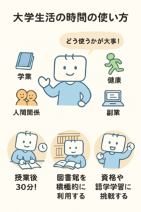 大学生活の学業に役立つ時間の使い方を示す図解。授業後30分の復習、図書館活用、資格や語学学習への挑戦を紹介